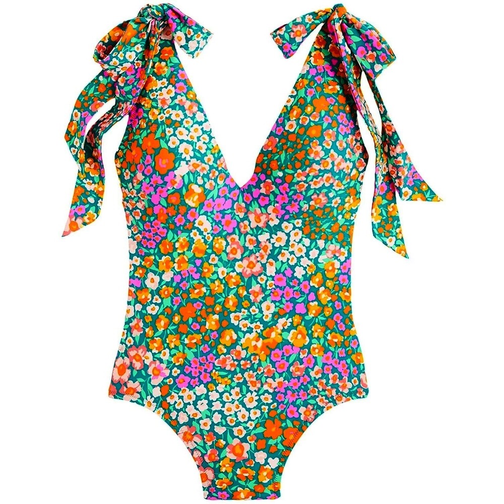 J.Crew Tie Shoulder One-Piece Swimsuit Green Pink Orange Floral V-Neck 16